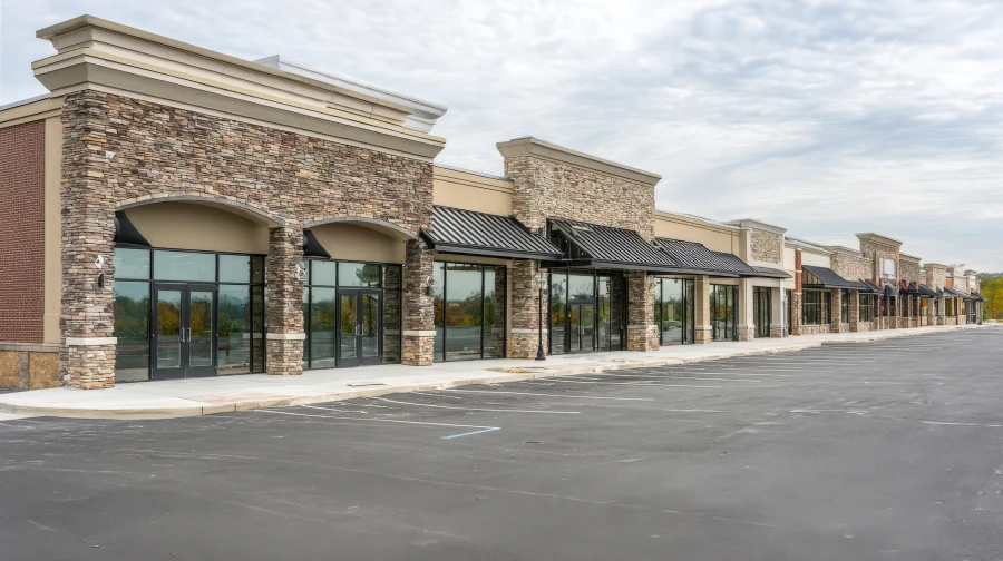 new commercial retail space facade with empty parking lot ready for business occupancy photo 1